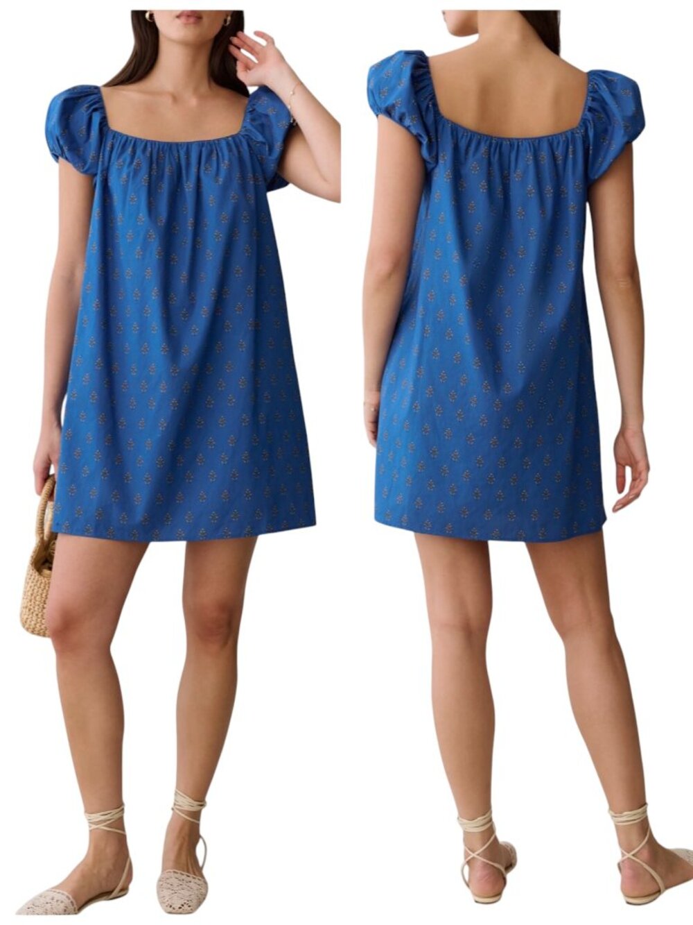 Kourt Nya Cotton Mini Dress Blue Bijou Puff Sleeve NWT Medium